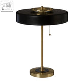 Rogano black and gold table lamp with a pull chain and brushed brass base and stem for stylish lighting