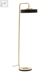Rogano floor lamp with a slender gold metal frame and sleek black circular shade for modern lighting