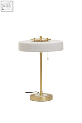 Rogano white shade table lamp with brushed brass gold finish frame and circular shade with pull-chain switch