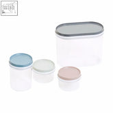 Romm four-piece storage container set with clear plastic containers and pastel blue gray and pink lids for easy storage