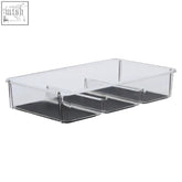 Clear plastic romm grey multifunctional kitchen organiser with three compartments and black non-slip bottoms