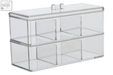 Romm six compartment clear acrylic two-tiered storage box with silver handles and matching lid for cosmetics organization