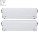 Clear plastic slim kitchen organisers with black corner reinforcements perfect for small kitchen storage