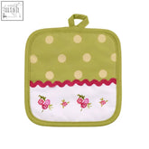 Rose cottage pot holder with green polka dots white section embroidered pink roses and scalloped red border