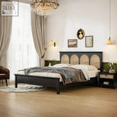 Black wooden rosemary double bed with woven cane headboard and matching nightstand king size and super king size options