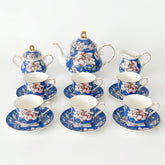 Blue porcelain rosewood garden tea set with floral design and gold accents service for 6 with 15 pieces