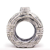 Silver textured ceramic round donut shaped vase with rustic handcrafted finish and decorative rivet details, 23cm tall