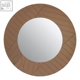 Roza round wall mirror with a brown wooden frame featuring diagonal slats perfect as a stylish round wall mirror