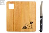 Light brown rubber wood cheese board with square cutout and engraved grapes cheese wine design with knife set