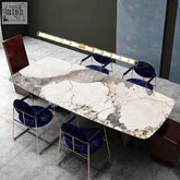 Modern rupert dining table with white and gray marble top and sleek metallic legs perfect for stylish dining spaces