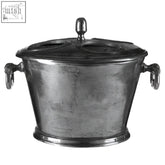 Rustic antique silver 4 bottle wine cooler in silver metal with ornate handles and domed lid decorative cutouts