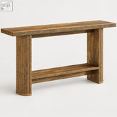 Rustic brown wooden console table with vertical grooves on legs and a sturdy lower shelf for extra storage