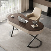 Saanvi office desk with dark wood oval top cream sides and black metal x legs modern curved office desk design