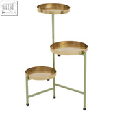 Sabia green and gold three-tiered plant stand with gold metal trays and light green legs for plants display
