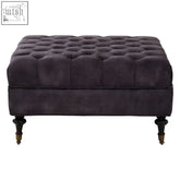 Dark purple tufted grey velvet ottoman with plush velvet finish and ornate wooden legs from sabrina collection