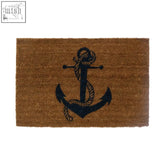 Brown coir sailor doormat with a black anchor design wrapped in rope perfect for coastal entryways