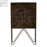 Dark brown woven wood saira cabinet with geometric pattern, slim iron handles, and metal hairpin legs