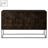 Dark brown saira sideboard with geometric carved patterns and black metal frame made of solid mango wood