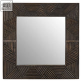 Square saira wall mirror with dark brown wooden frame and angled slats in a geometric pattern