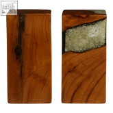 Rectangular wooden sakra set resin bookends with warm amber finish and glossy resin silver-toned metallic inlay