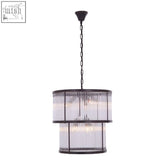 Salasco 2 tier antique black iron chandelier with clear vertically ribbed glass rods for elegant lighting