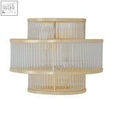 Salasco 3 tier glass wall light with warm metallic iron frame and clear vertically ribbed glass panels in gold tone