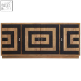 Modern wooden mango wood sideboard with black geometric inlays and silver handles for stylish storage