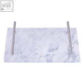White grey marble serving board with two sleek silver metal handles for easy carrying and serving