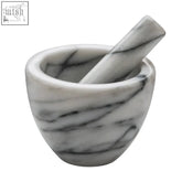 Salerno white marble mortar and pestle in white marble with black veining for grinding and crushing herbs
