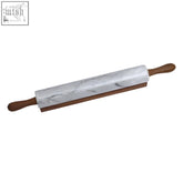 White marble rolling pin with dark brown wooden handles for smooth dough rolling and baking use