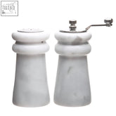 Salerno white marble salt and pepper set with silver tops and crank handles for easy seasoning use