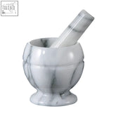 Salerno white marble small mortar and pestle set with elegant gray veining and classic rounded design