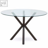 Salford round dining table with modern glass top and black wood effect metal x-shaped legs for stylish dining