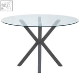 Salford round dining table with modern glass top and sleek grey metal legs perfect for stylish dining spaces