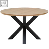 Salford wood veneer round dining table with round oak tabletop and sleek black metal legs for modern style