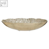 A metallic gold finish lotus leaf bowl with scalloped edges and textured surface perfect for serving