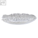 Silver finish lotus leaf plate with intricate vein detailing shaped like a small lotus leaf glass dish