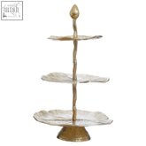 Salma three tier golden cake stand with lotus leaf shaped platforms and a twisted central stem design