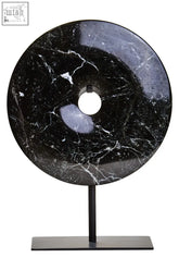 Salmo small black disc sculpture made of black marble round 20cm with white veining on a sleek black metal stand