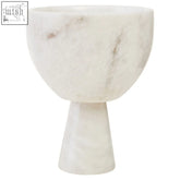 A sleek salmo small white marble pedestal bowl with gray veining and a wide rounded rim