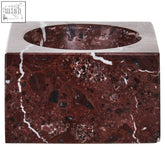 A square red marble tissue box with white veining and a matching oval cutout from salmo square red marble bowl