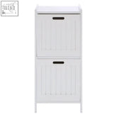 Salon white wood two drawer box shaped file cabinet made of renewable pine with black handles and slat detailing