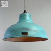 Vintage-style salthouse xl pendant light with distressed turquoise copper verdigris patina metal shade and brass plaque