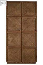 This tall two-door oak wood tall cabinet features natural oak wood with a rich brown finish and herringbone panels