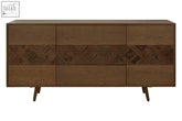 Brown elm wood sideboard with herringbone pattern drawers and tapered legs from salvar oak and elm wood sideboard