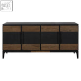 Modern industrial style salvar two tone oak wood sideboard with black metal frame and dark glass doors