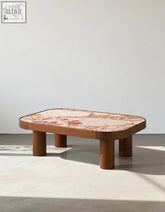 Salvatore rectangle coffee table with warm wood frame and polished pink marble top featuring brown veining