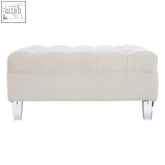 Cream-colored samara sand fabric footstool with tufted sand velvet upholstery and clear acrylic legs storage bench