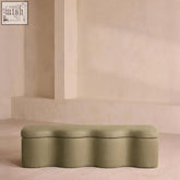 Olive green upholstered sampson storage bench with wavy segmented design perfect as a shoe bench or linen storage