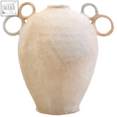 Cream-colored sanai cotton mache large vase with two asymmetrical decorative handles in light and dark tones
